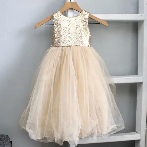Gold Heart Cutout Sequin Formal Flower Girl Tulle Satin Dress Size 3 - Picture 2 of 6